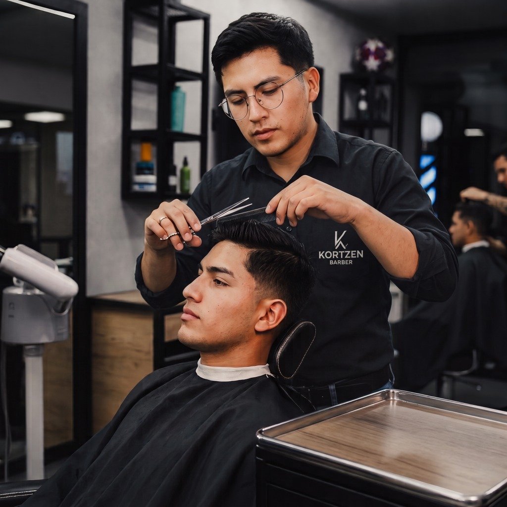 Maestro barbero KORTZEN realizando un corte de precisión